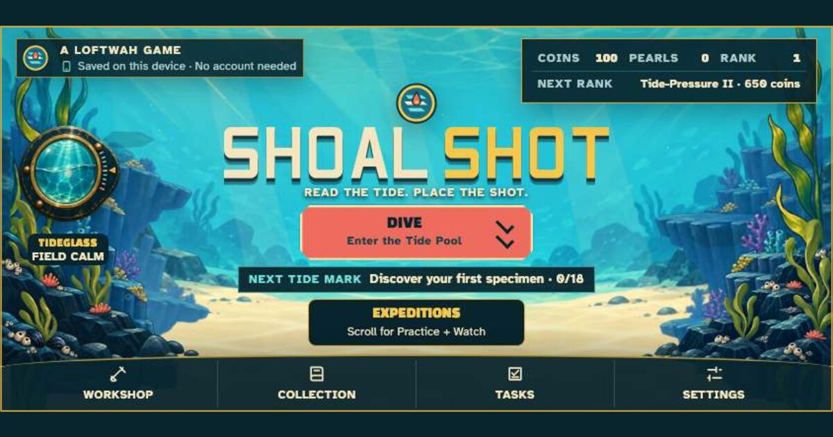 Promotional artwork on the SHOALSHOT site: a fishing-game scene viewed from above.