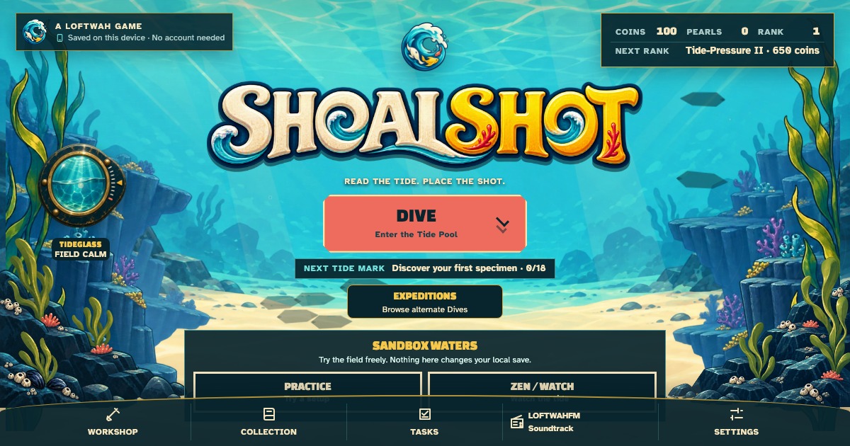 SHOALSHOT Home screen with its layered Sunstruck Shelf aquarium and Dive action